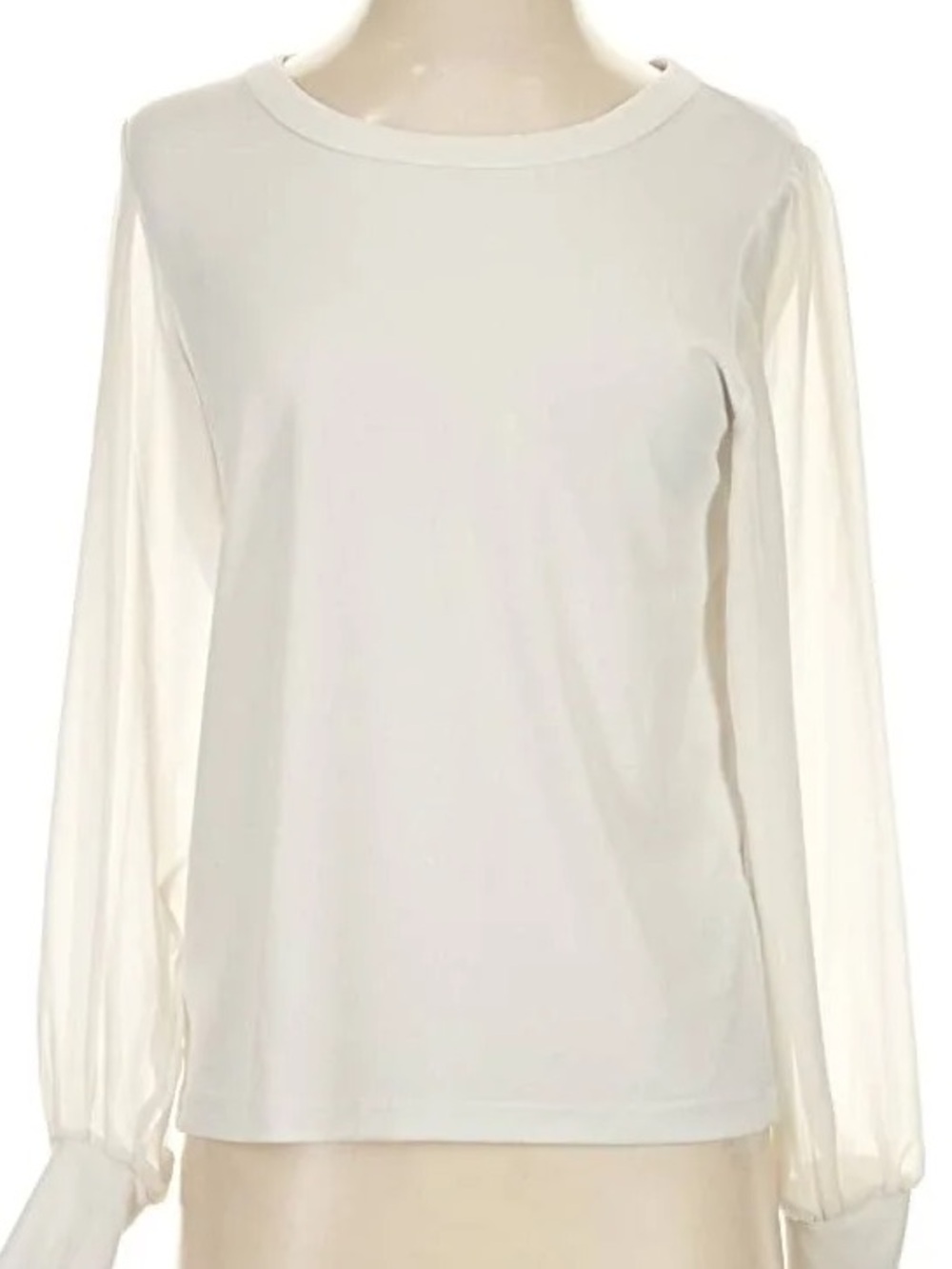Banana Republic Cream Long-Sleeve Crewneck Top with Sheer Sleeves